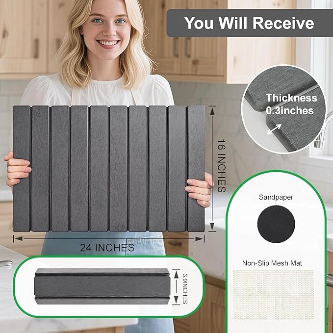 Large Stone Dish Drying Mat for Kitchen Counter 24x16 Inches Diatomaceous Earth 1-Second Absorption Quick-Dry Foldable Non-Slip Easy to Clean for Dishes - Dark Gray