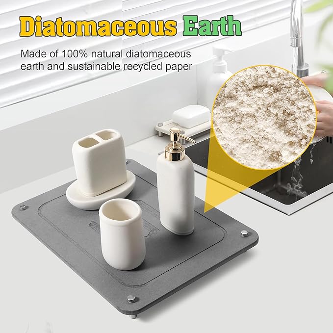 CSD Quick Drying Stone Mat for Kitchen Counter - Super Absorbent &amp Non Slip Dish Drying Mats - Diatomaceous Earth Sink Tray Mat - Drying Pad - 15.7 × 11.8 Inches