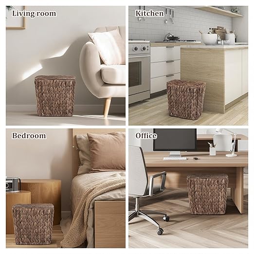 Wicker Trash Can with Lid and Liner Handwoven Wicker Waste Basket Water Hyacinth Bathroom Trash Can Boho Rattan Garbage Wastebasket for Bedroom Home Living Room Office 2.5 Gallon Espresso