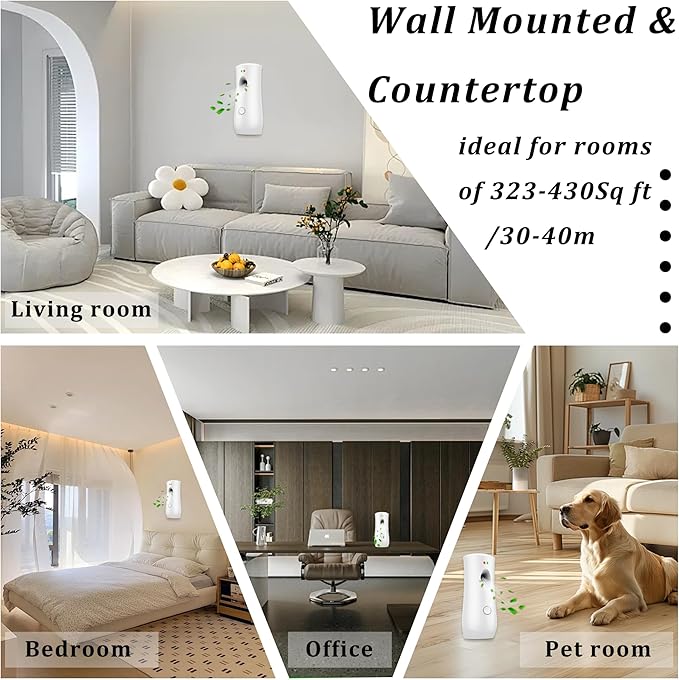 Automatic Air Freshener Spray Dispenser (4-Pack) Free Standing or Wall Mounted Adjustable Aromatherapy Machines for Home Indoor Bathrooms Offices Hotels and Commercial Places (White 001)