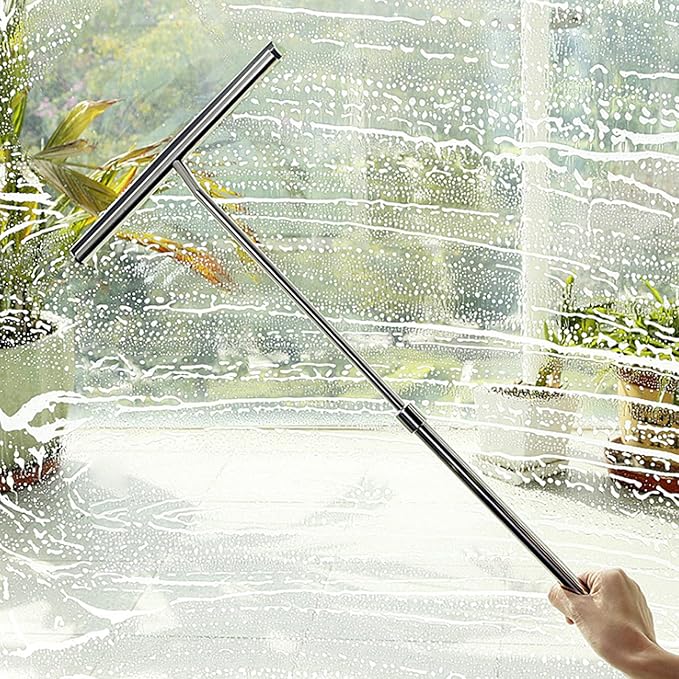 Haofy Extendable Handle Stainless Steel Window Glass Cleaner Wiper with Flexible Silicone Scraper for Bathroom Kitchen Car Mirror