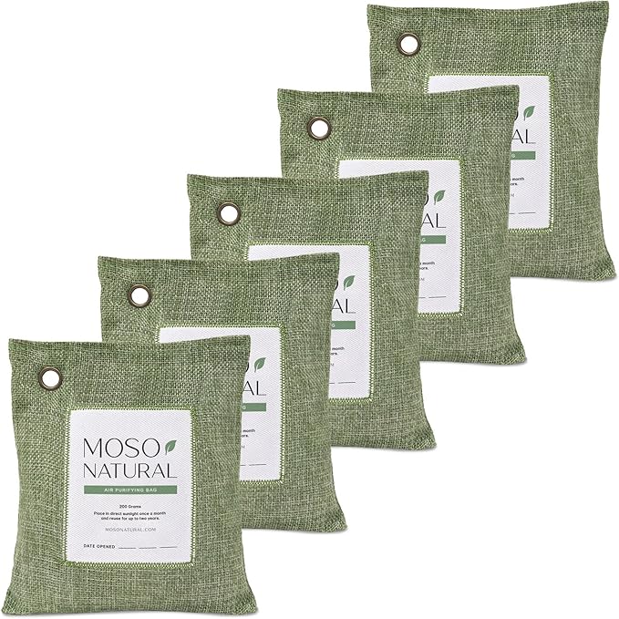 Moso Natural Air Purifying Bag 200g (5 Pack). A Scent Free Odor Eliminator for Cars Closets Bathrooms Pet Areas. Premium Moso Bamboo Charcoal Odor Absorber. Two Year Lifespan! (Green)