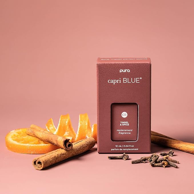 Capri Blue x Pura 4 - Smart Fragrance Diffuser Plug in Kit - Includes 1 Pura Diffuser + 2 Fragrance Refill Vials - Long Lasting Scents - LED Light - 2.4 GHz WiFi Required (Tinsel &amp Spice + Volcano