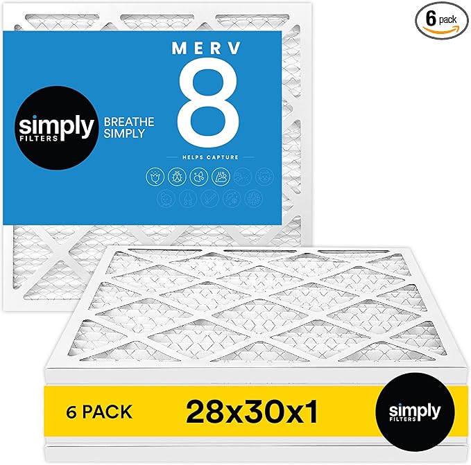 Simply 28x30x1 Air Filter Merv 8 6 Pack For Home AC Furnace &amp HVAC (Actual Size: 27.75x29.75x0.75) DUST Pet &amp Allergy Control