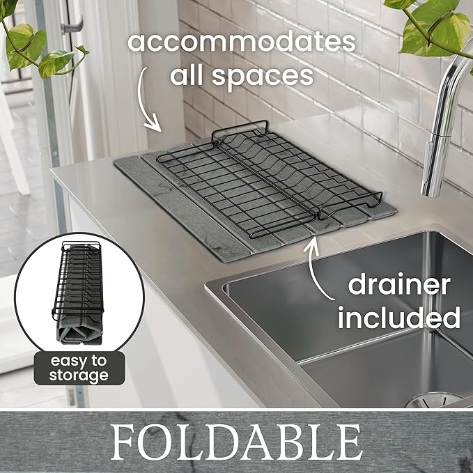 Stone Drying Mat + Foldable Black Metal Dish Rack – Complete 2-Tier Kitchen Drying System – Ultra Absorbent Dark Gray Mat for Plates Glasses &amp Cutlery – Modern &amp Hygienic Counter Organizer -