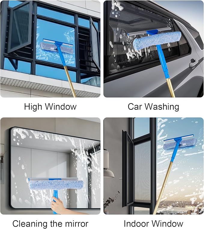 2 in 1 Window Squeegee Cleaning Kit with Aluminum Alloy Extension Poles Scrubber Glass Scrapper Bendable Duster2 Scrubber Cloth for Window Car Floor Home Garden