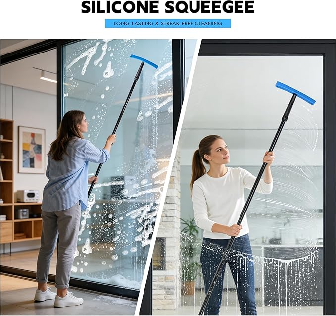 FOSHIO TPU Squeegee 10-Inch Blade with 4 Extension Poles (Extends up to 63 Inches) Anti-Slip Grip Handle Rubber Squeegee Streak-Free Cleaning for Car Windows Shower Doors Mirrors Glass