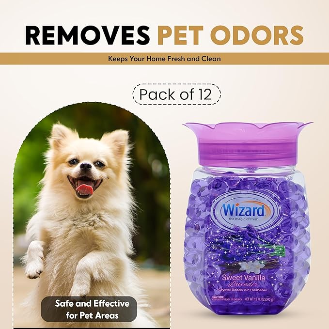 WIZARD Odor Eliminator Gel Beads - 12 oz Pack of 12 - Air Freshners For Bathroom. Rooms Per Areas and Car Freshner (VANILLA LAVENDER)