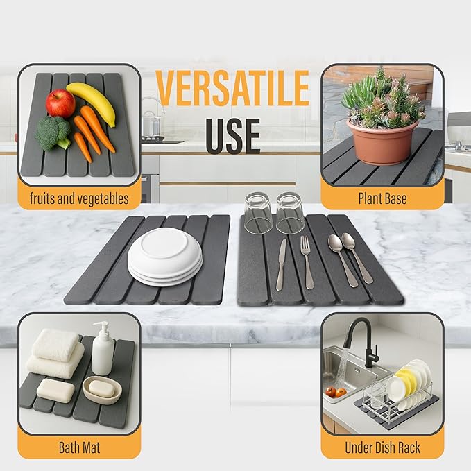 Large Foldable Stone Dish Drying Mat – Diatomaceous Earth 2 Pack (12x16 Each) or 24x16 Combined – Fast Dry Anti-Slip Pad Sanding Tool &amp Instruction Manual for Kitchen and Bathroom Dark Gra