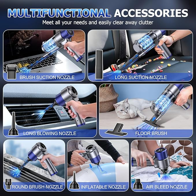 JONYJ Handheld Car Vacuum Cleaner Cordless 16000PA Hand Held Vacuum Portable 2 in 1 Air Duster and Mini Vacuum Cleaner Rechargeable with Led Multi-Nozzles &amp Washable Filters for Home Office Car