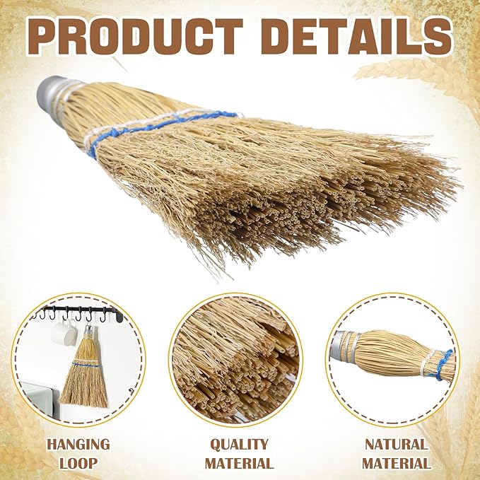 Suclain 4 Pcs 12 Inch Whisk Broom Hand Held Mini Corn Straw Whisk Broom Short Handle with Metal Hanger Halloween for Multi Surface Sweeping Small Hand Brush for Outdoor Car Porch Debris Dust Dirt