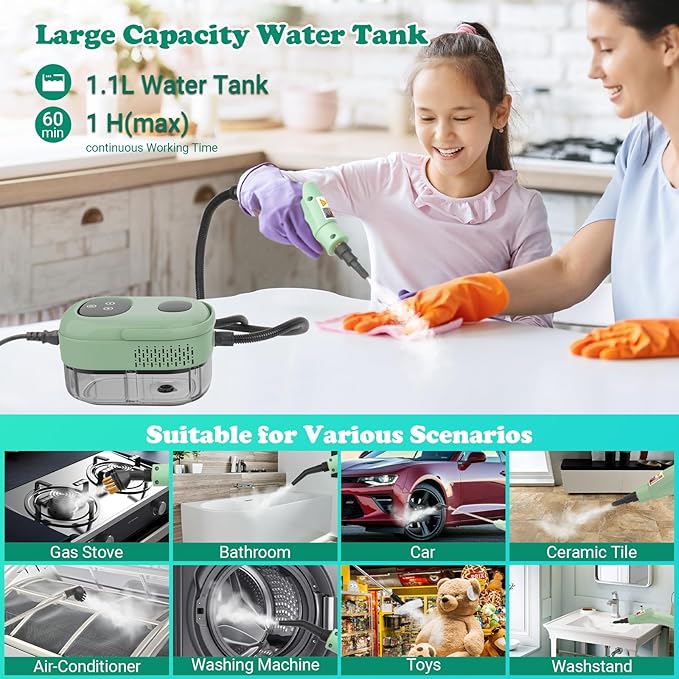 2500W Handheld Steam Cleaner for Home &amp Car 1.1L Portable High-Pressure Steamer 10s Fast Heat-Up 6-Level Adjustable Steam Multipurpose Cleaning Kit – Green