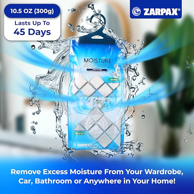 Hanging Moisture Absorber Fresh Cotton 10.6 oz/300g | Moisture Absorbing Bags for Bathroom Closet Kitchen &amp Vehicles | Removes Moisture Humidity &amp Odors | Portable Dehumidifier | Set Of 20