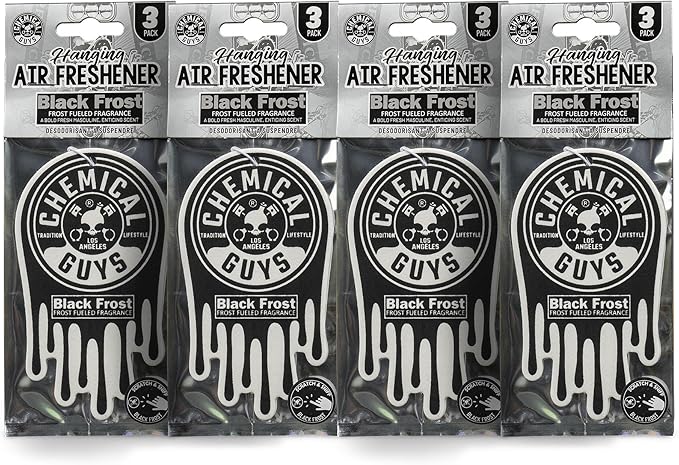 Chemical Guys Car Fresheners Hanging Air Freshener Black Frost Scent 12 Pack Great for Cars Trucks SUVs RVs Home Garage Workspace Dorm Room &amp More (4 x 3 Packs)