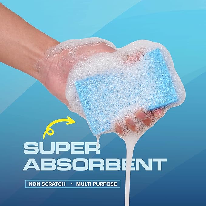 SCRUBIT 48 Pack Kitchen Sponges Dish Sponge for Washing Dishes Kitchen &amp Bathroom – Blue &amp Yellow Dishwashing Sponges Along with A Thought Scrubber – Bulk Cleaning sponges Kitchen (Blue Yell