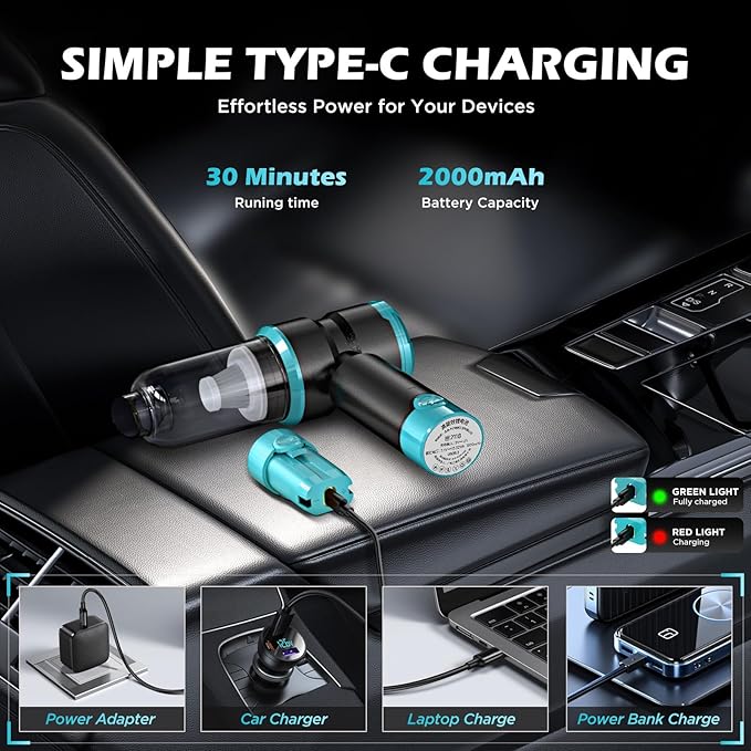 Handheld Car Vacuum with 15000PA Power 4 in 1 Powerful Cordless Vacuum Cleaner &amp Air Duster with 2000mAh Battery Rechargeable Portable Mini Hand Held Vacuum for Car HomeOfficePet Hair（Blue）