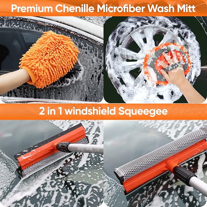 Wontolf 62'' Car Wash Brush with Long Handle Scratch-Free Soft Bristles Sturdy Car Wash Mop Complete Cleaning Brush Kit Wash Mitt Towel Windshield Squeegee Wheel Tire Brush for Car Truck RV Orange