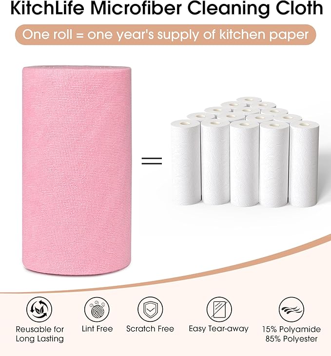 KitchLife Microfiber Cleaning Cloth Roll 100 Pack - Tear-Away Microfiber Paper Towels Lint-Free Reusable Washable for Kitchen Car Dishes and Sensitive Surfaces (Pink)