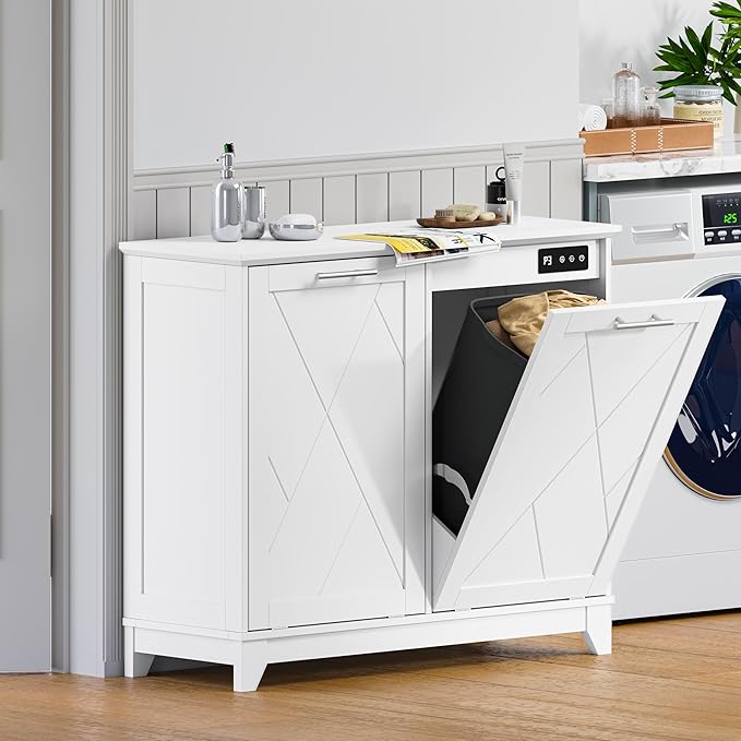 Tilt Out Trash Can Cabinet for 2 Bins Hidden Recycle Garbage Bin Enclosure Wooden Double Laundry Cabinet with Odor Control Negative Ion &amp Ozone for Kitchen Bathroom Laundry Room