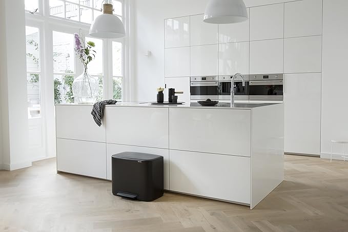 Brabantia Bo Step-On Kitchen Trash Can with Dual Compartments | Matt Black | 3 + 6 Gal Inner Buckets | Soft-Close Garbage Can Light Pedal Operation Stay-Open Lid | Fits Against Wall | + Trash Bags