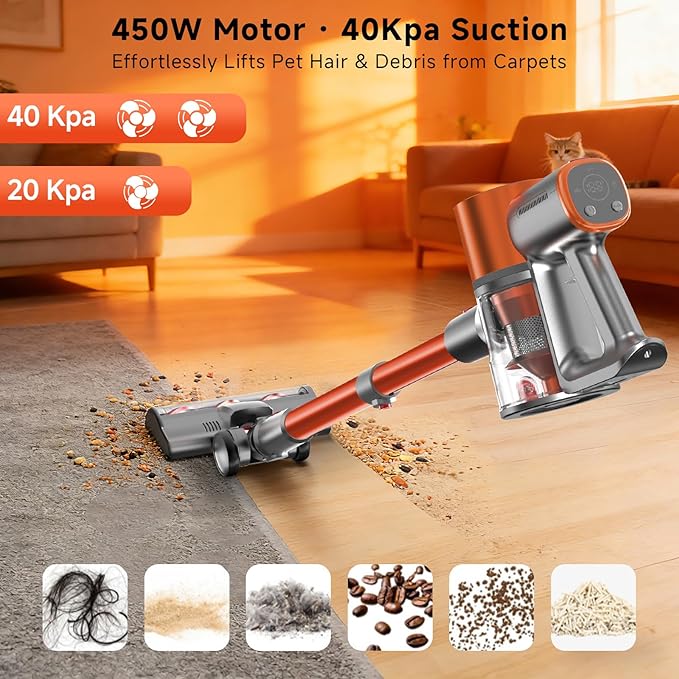 Stick Cordless Vacuum Cleaner - Lightweight Handheld Vacuum with Self Standing Removable Battery with 45min Running Time Anti-tangle Wireless Vacuum for Home Pet Hair/Hardwood Floor/Carpet OB
