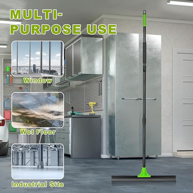 Rubber Floor Squeegee with 24” Heavy Duty Silicone Rubber Scraper Head and 60” Long Adjustable Handle Shower Squeegees for Concrete Floor on Multi-Surface Tile Glass Pool Garage Cleaning