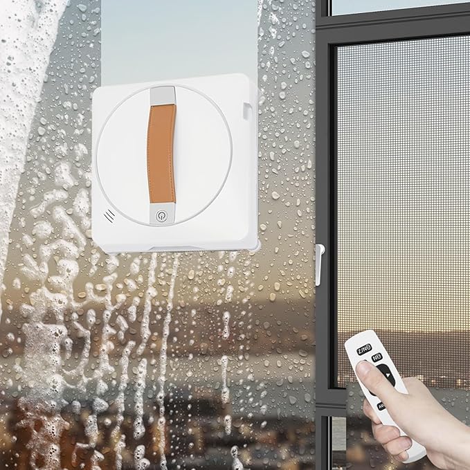 Bathrena Smart Glass Cleaning Robot White Window Cleaner Robot with 2-Way Water Spray - Remote Control 2500Pa Suction3 Smart Cleaning Paths for High-Rise WindowsFlat GlassTilesMarbles.