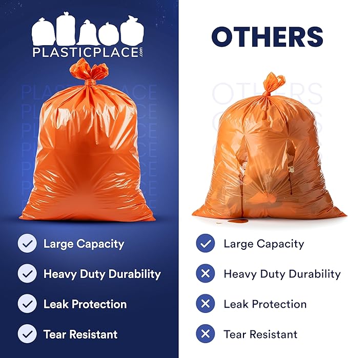 Plasticplace 42 Gallon Trash Bags |3.0 Mil | Orange Heavy Duty Contractor Trash Bags | 33 x 48 50 Count (Pack of 1)