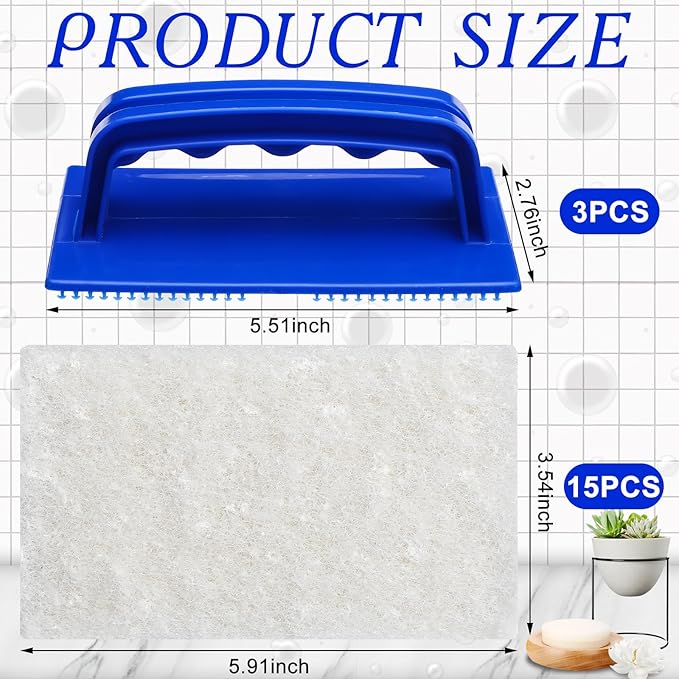 Maxdot 18 Pcs Handled Bath Scrubber Set 15 Bathroom Scouring Pad 3 Bathtub Scrubber with Handle Non Scratch Soap Scum Remover for Cleaning Sink Shower Tile Swimming Pool Step Corner(Blue and White)