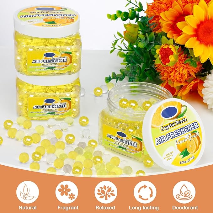 18 Pack Gel Odor Eliminator Beads 8 Ounce Scent Beads Bulk Air Freshener Removing Long Lasting Eliminates Odors for Home Bathrooms Cars Boats Rvs and Pet Areas(Lemon)
