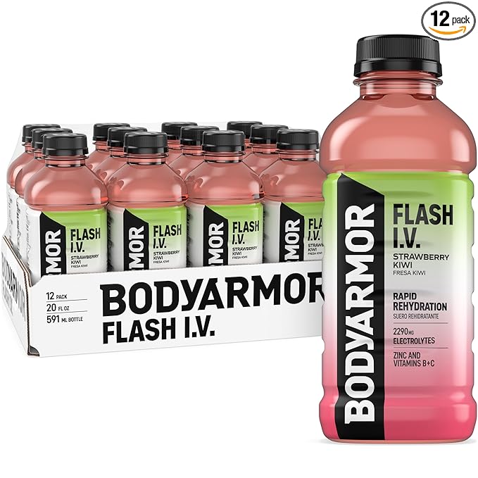 BODYARMOR Flash I.V. Electrolyte Beverage Strawberry Kiwi Hydration Drink with Coconut Water For Rapid Rehydration Post Workout Recovery 20 Fl Oz (Pack of 12)