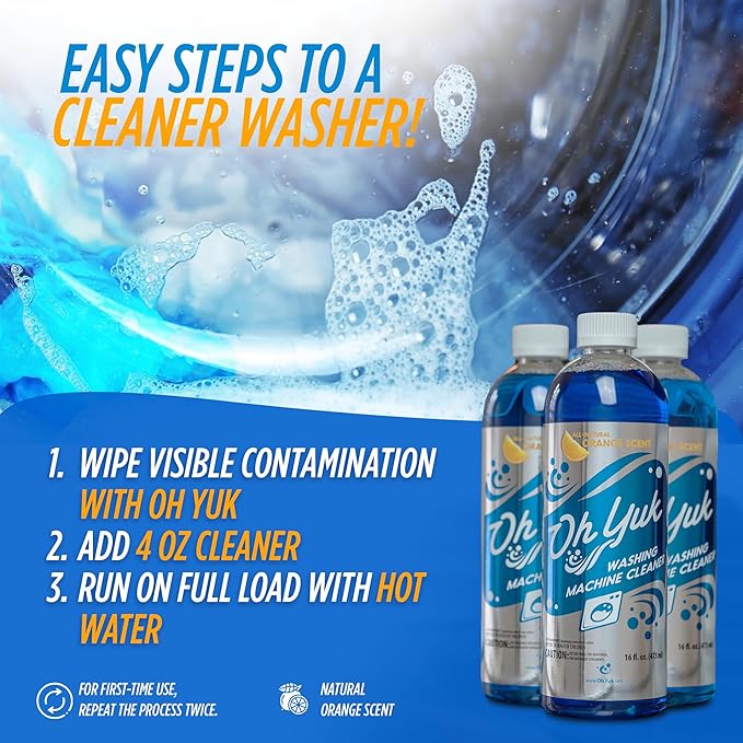 Oh Yuk Washing Machine Cleaner For All Washers (Top Load Front Load HE and Non-HE) Natural Citrus Fragrance Four Cleanings Per Bottle Septic Safe 16 Fl Oz