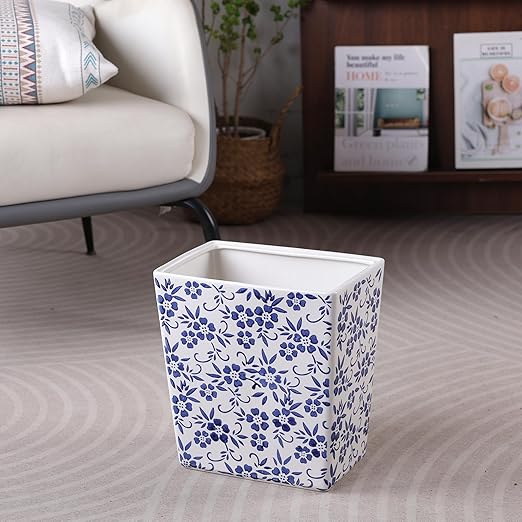 Blue and White Floral Ceramic Trash Can – 2.5 Gallon Small Bathroom &amp Kitchen Garbage Bin Decorative Waste Basket for Bedroom Office Hotel – Elegant Floral Design Heavy Duty (9 Liter Gift Ide