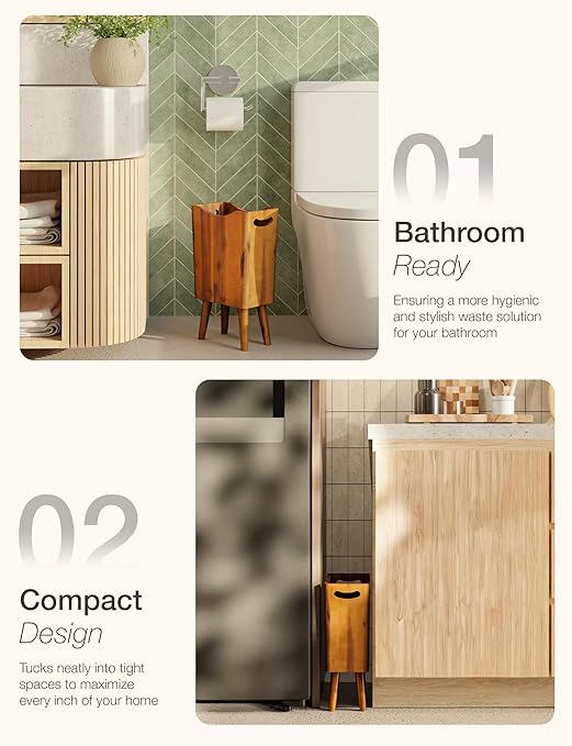 2 Gallons Wooden Trash Can 4 Legs - Acacia Wooden Bin Wood Bathroom Accessories - Small Bin Waste Basket for Bedroom Office Garbage Can - Decorative Bathroom Trash Can - Patent Pending