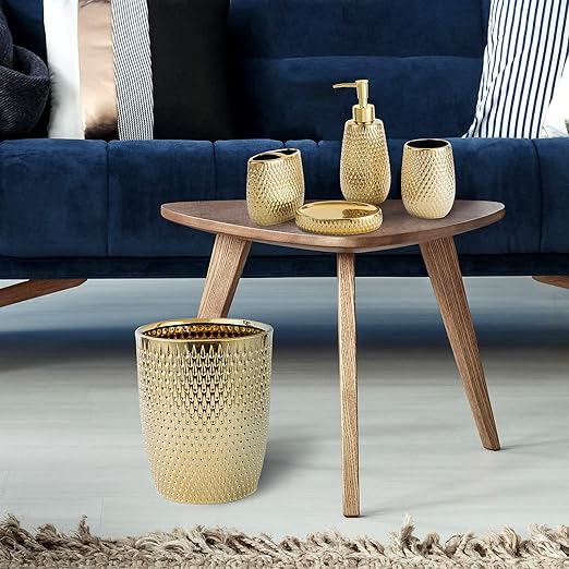 Modern Golden Small Trash Can Wastebasket Garbage Container Bin for Bathrooms Powder Rooms Kitchens Home Offices - Durable Ceramics - Round
