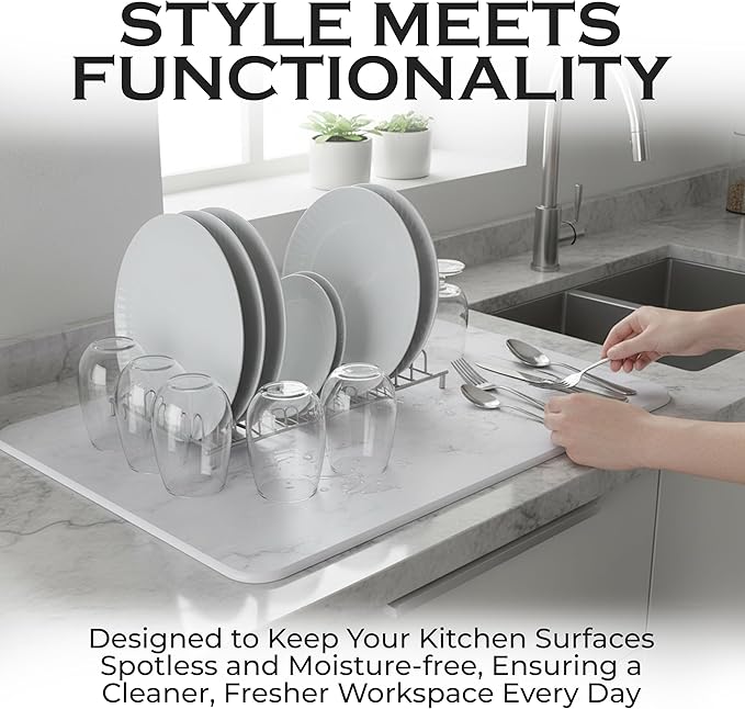 J.B Large Stone Drying Mat for Kitchen Counter - Quick Dry Stone Mat with Sink Caddy Ultra Absorbent Dish Drying Stone for Kitchen Counter and Bathrooms 16 x 12 Inch (Light Gray/White Marble Finish)