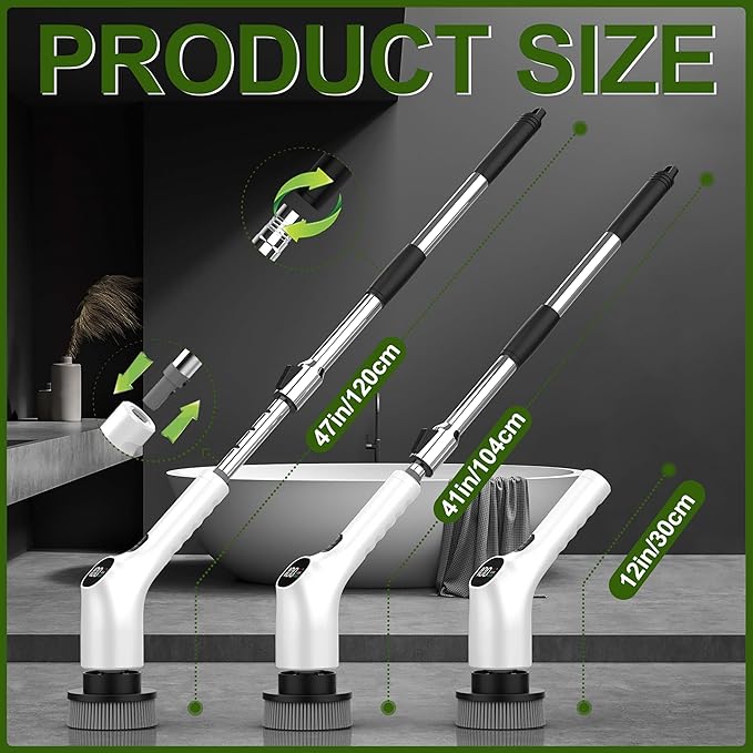 Electric Spin Scrubber Shower Scrubber with Long Handle Adjustable LCD Display 2 Speed Shower Cleaner 7 Replaceable Brush Heads Bathroom Cleaning Brush Bath Tub Power Scrubbers White G3