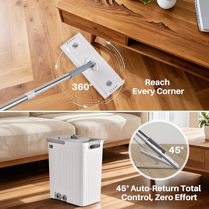 Mop and Bucket Set with AUTO Pump 3-Zone Separate Dirty and Clean Water Flat Mop and Bucket System with Wringer and Wheels 3 Reusable Microfiber Pads One-Touch Water Filling for Home Cleaning