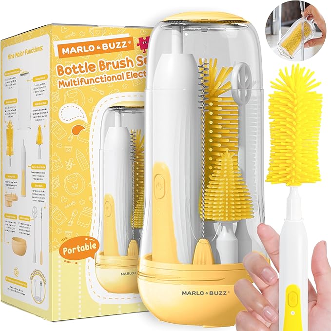 Marlo &amp Buzz Electric Baby Bottle Brush Cleaner Set Rechargeable Waterproof Silicone Brushes with Large Bottle Brush Nipple Brush Straw Brush Milk Stirrer Drying Rack (Yellow)