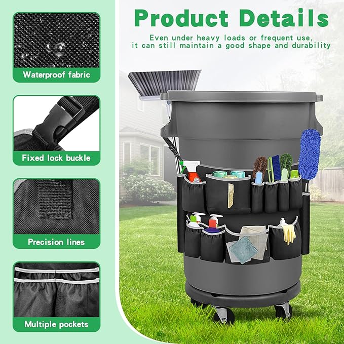Trash Can Caddy Organizer with 10 Pockets - Cleaning Supply Holder for 32-55 Gallon Round Garbage Bins | Adjustable Strap Storage Bag for Sponges Gloves Spray Bottles Cleaning Tools