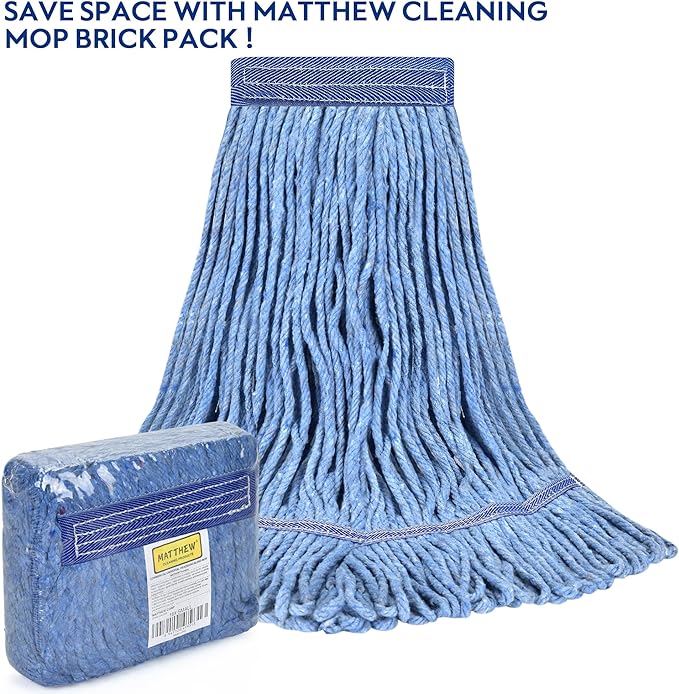 Matthew Cleaning Heavy Duty Mop Head Commercial Grade Replacement for General and Floor Cleaning Wet Industrial Blue Cotton Looped End String Head Refills (Case of 36) Blue
