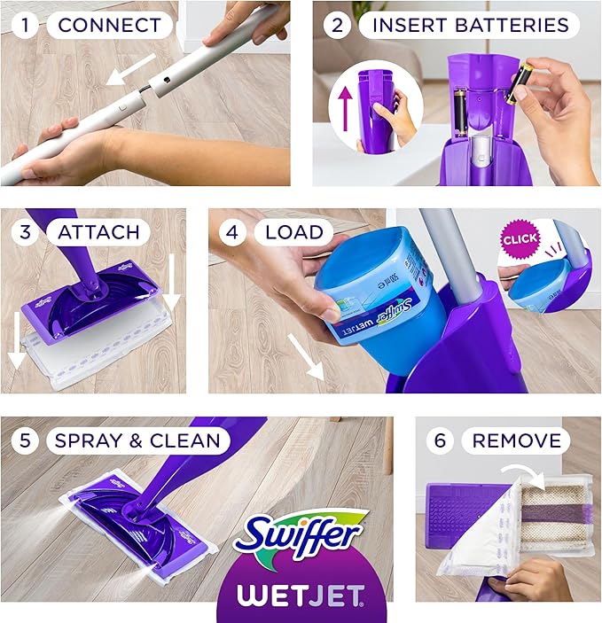 Swiffer WetJet Hardwood and Floor Spray Mop Cleaner Starter Kit Includes: 1 Power Mop 10 Pads Cleaning Solution Batteries