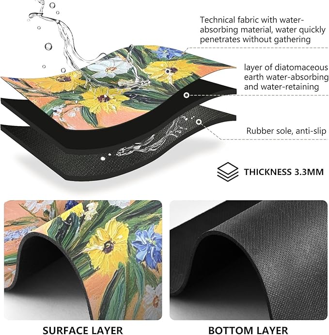 flower Sunflower Peach Drying Dish Mat Absorbent Diatomaceous Earth Mat Drying Mat for Dishes Rubber Backed Kitchen Drainer Mat Household Essentials