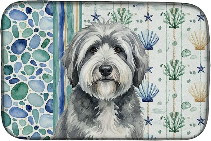 Caroline's Treasures Gray and White Old English Sheepdog Coastal Sea Glass Dish Drying Mat Absorbent Dish Drying Mat Pad for Kitchen Counter Dish Drainer Mat for Countertop 14 x 21 Multicolor