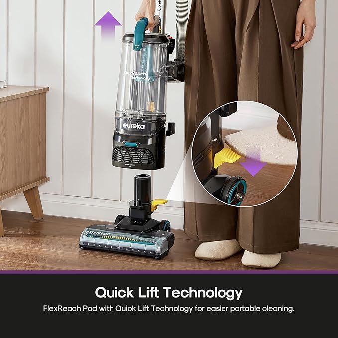Eureka FlexReach Plus Bagless Upright Vacuum Cleaner for HomePet Vacuum for Carpet and Hard Floor Lift-Up Vacuum with Flooring Type Sensor HEPA FilterAnti-Tangle NEU652 Green