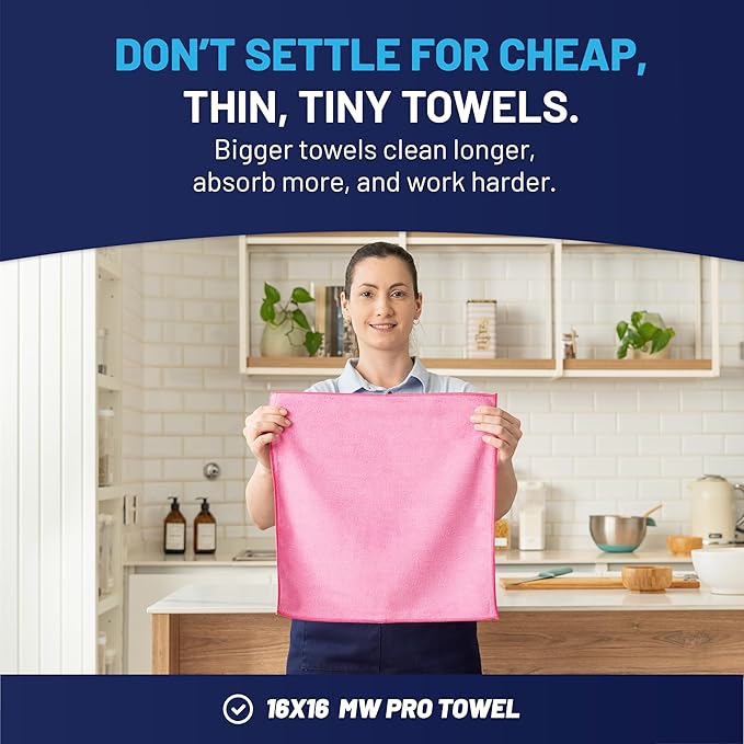 MW Pro Microfiber Cleaning Cloth | Pink | 12 Pack | 16” x 16” | All Purpose Microfiber Towels - Clean Dust Polish Scrub Absorbent