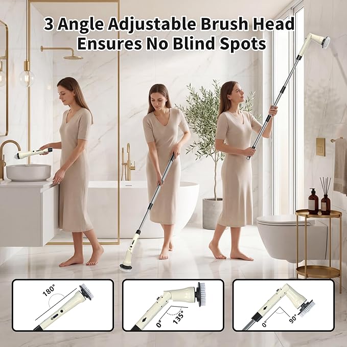 Electric Spin Scrubber Hillyfe Bath Scrubber for Cleaning with 7 Replaceable Brush Heads IPX7 Waterproof300/400 RPM 3 Adjustable SizeCordless Shower Cleaner Brush for Bathroom FloorBeige