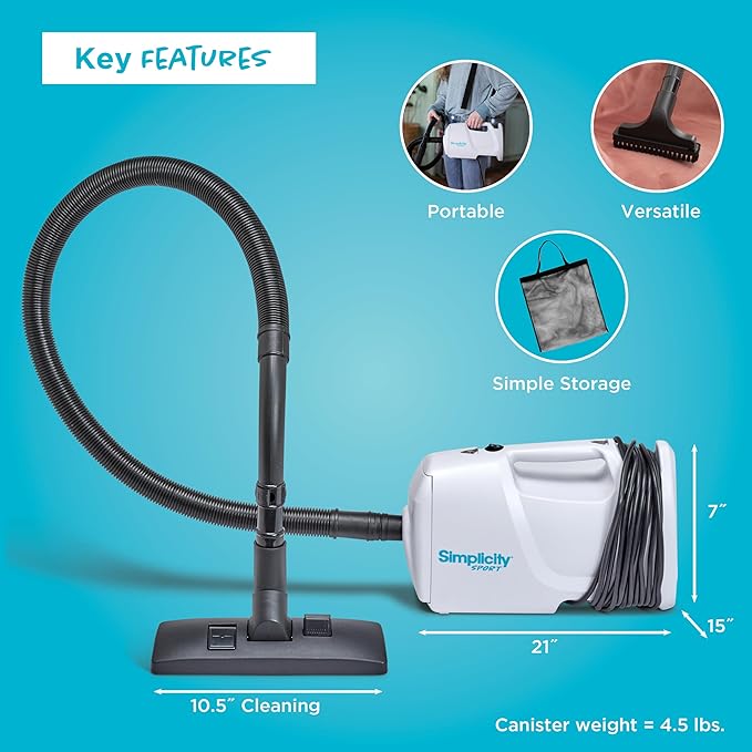 Simplicity Vacuums Handheld Canister Vacuum with Carry Strap for Hard Floors and Rugs Car Detailing Vacuum Cleaner S100