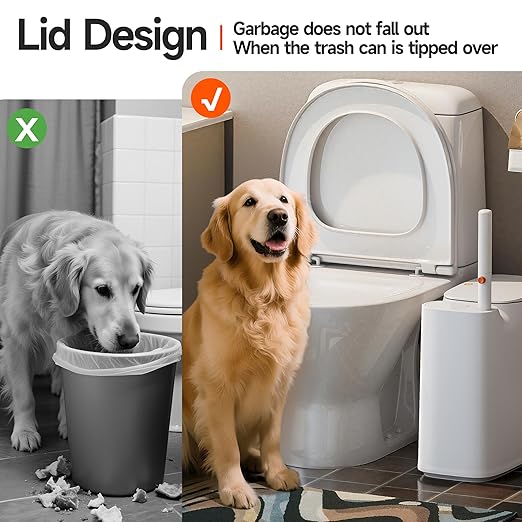 CTIME Bathroom Trash Can Set - Narrow White Plastic Small Trash can a Toilet Wand Toilet Brush Holder and 36 Refills 2 Gallon Trash can with pop-up lid Suitable for bathrooms and Small Toilets.