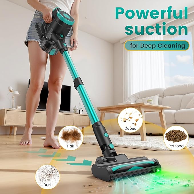 Zefiro Cordless Vacuum Cleaner45Mins Runtime Vacuum Cleaners for Home Anti-Tangle and 1.5L Dust Cup Lightweight Vacuum for Hardwood Floor Carpet Pet Hair